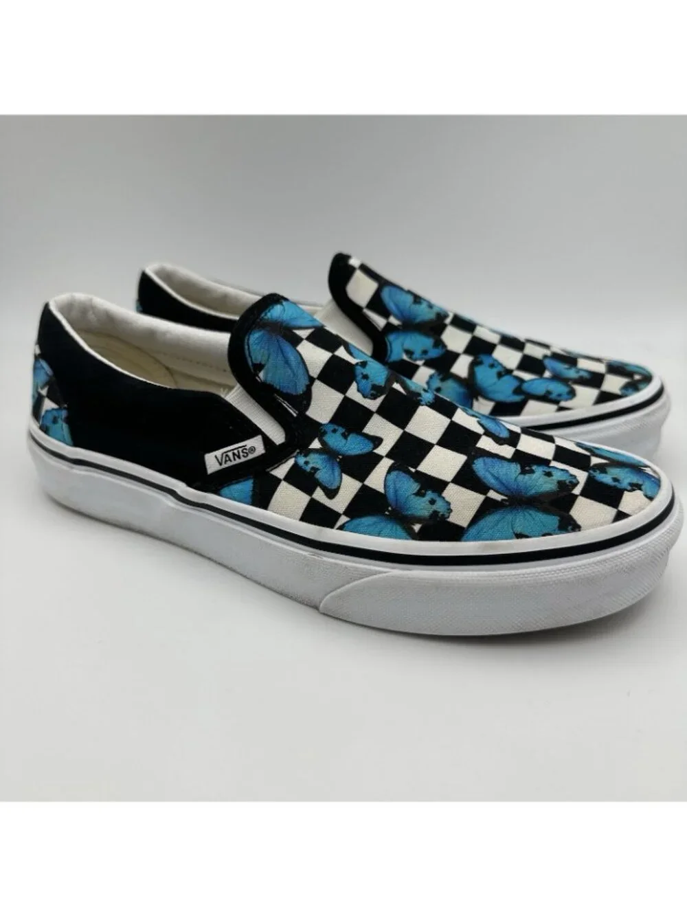 Vans Women 7 Classic Slip On Sneakers Butterfly Checkerboard Black Blue Skate